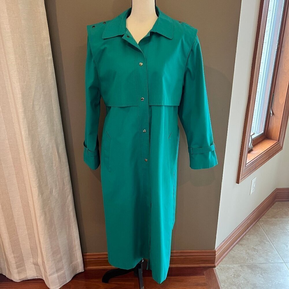 70's Vintage Green Downpour Midi RainCoat, Lined Trenchcoat, Size 13/14